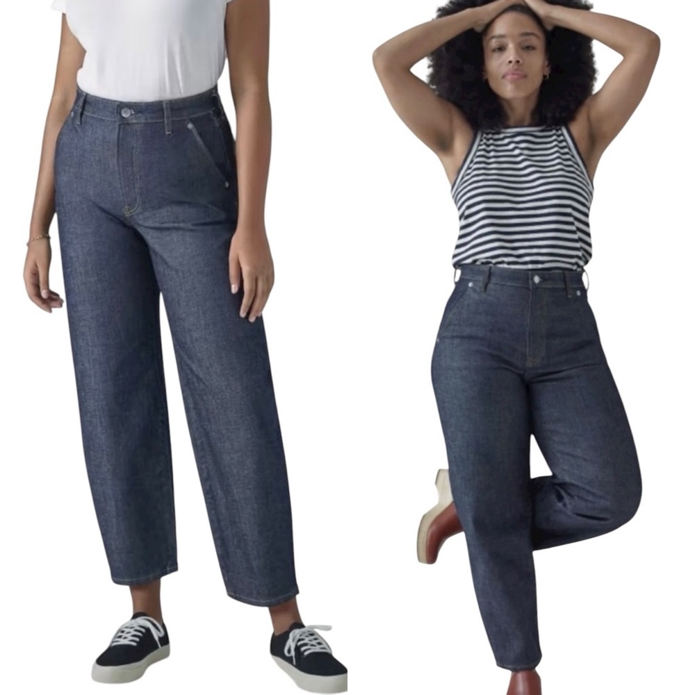 Everlane The Arc Jean Wide Leg Barrel Style High Rise Jean in Dark Blue 33 EUC